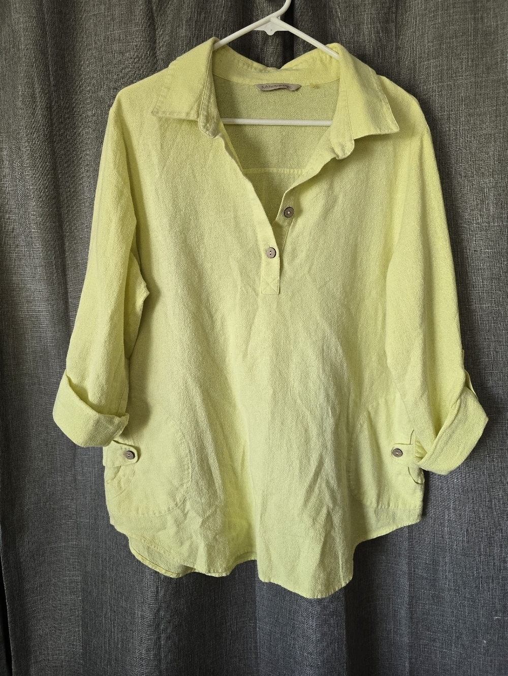 Soft Surroundings Size PL Yellow Green 100% Cotton Gauze Tunic Top Roll Tab Slv
